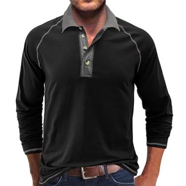 Imagem de Camisetas masculinas Henley manga comprida moletom polo outono moda 4 botões camisetas clássicas algodão golfe casual, Xp Preto, P
