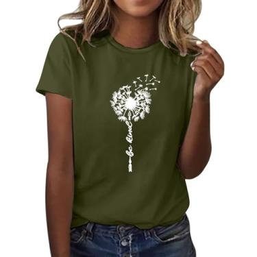 Imagem de Camiseta feminina com estampa floral de dente-de-leão manga curta gola redonda camiseta moderna mais quente feminina inverno, Ag, M