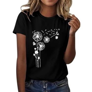 Imagem de Camiseta feminina com estampa de flor de dente-de-leão manga curta gola redonda moderna top leve feminino ombro vazado, Preto, GG