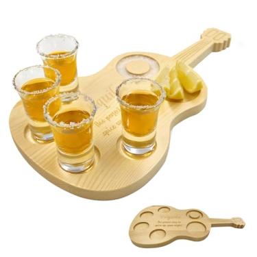 Imagem de Daily Treasures Tábua de tiro de tequila de guitarra com adesivo antiderrapante, conjunto de suporte de copos de shot, conjunto de tequila, suporte de vidro de madeira para licores de tequila, quadro