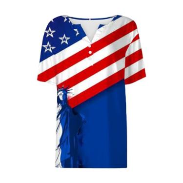 Imagem de Camiseta feminina com bandeira americana 4th of July Henley Neck Patriotic Shirts Tops Stars Stripes Camisetas de manga curta, Azul, G