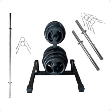 Imagem de Kit Musculação com Suporte + 100 Kg de Anilhas Ferro com Barras