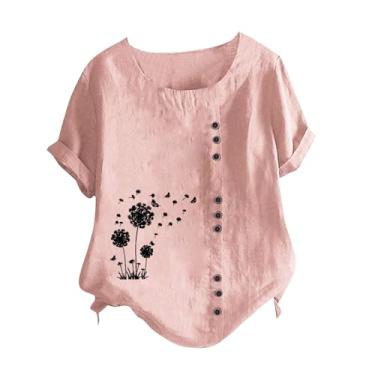 Imagem de Camisetas femininas de linho com gola redonda, estampa floral, manga curta, mistura de algodão, camisetas de botão, rosa, M