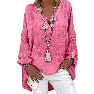 Imagem de Camisa feminina de algodão e linho, gola Henley, algodão, manga comprida, grande, túnica lisa, rosa, XG