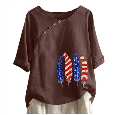 Imagem de Camisetas femininas de linho com gola redonda e estampa de penas da bandeira americana, manga curta, mistura de algodão, Marrom, G
