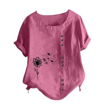 Imagem de Camisetas femininas casuais de verão de linho de algodão manga curta gola redonda camisetas estampadas florais grandes, Z06 - rosa choque, XXG