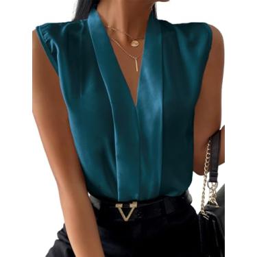 Imagem de LYANER Blusa feminina elegante com gola V plissada sem mangas chiffon para trabalho, Azul-petróleo, M