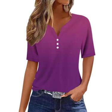 Imagem de Camisetas femininas com gola V Henley de verão 2024, elegantes, básicas, de botão, manga curta, blusas leves e casuais, Z02 Bege, GG