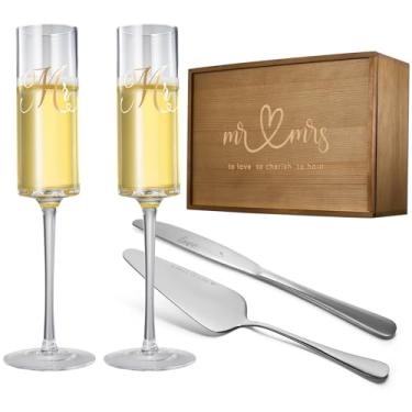 Imagem de Conjunto de flautas para brindar champanhe para casamento, faca e servidor de torta de bolo com caixa de memória de madeira, presente de casamento de cristal Sr. e Sra. Presente de casamento chá de