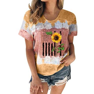 Imagem de Camisetas femininas de gola redonda de manga curta tamanho grande casual moda gráfica camisetas casuais femininas modernas, Cáqui, M