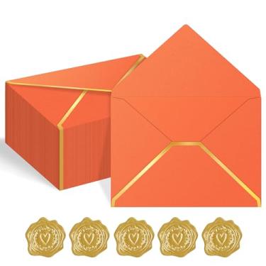 Imagem de AVERZELLA Pacote com 60 envelopes dourados, 12 x 17 cm, laranja, 250 g, envelopes A7 para convites, envelopes de correspondência de negócios com borda dourada, envelope A6 de 10 x 15 cm para cartões