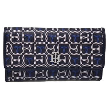 Imagem de Tommy Hilfiger Carteira feminina TH Logo Print Checkbook Bolsa clutch - azul marinho/branco, Azul, Carteira continental