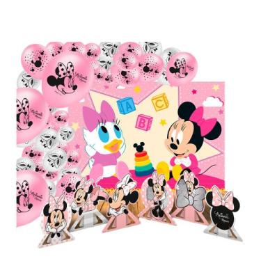 Imagem de Kit festa Decoração Minnie Rosa 25 Balões +Painel +6 Display - Regina