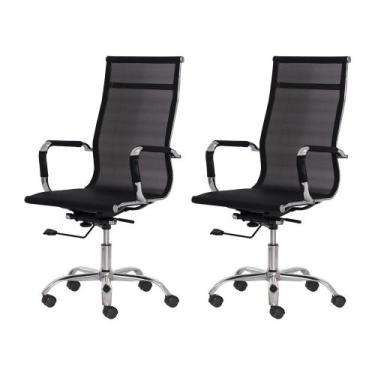 Imagem de Kit 2 Cadeiras Escritório Mesh Presidente Preta Base Giratória Cromada
