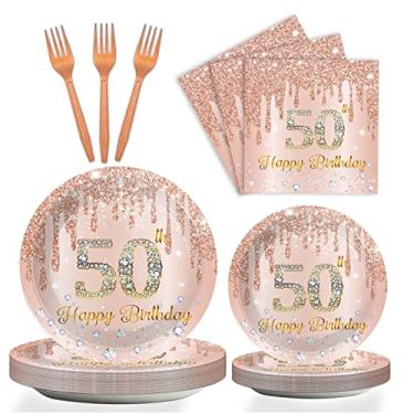 Imagem de Conjunto de 96 peças de utensílios de mesa de 50 anos para decoração de mesa de aniversário de 50 anos rosa dourado rosa feliz 50 anos pratos de papel sobremesa guardanapos garfos para 24 convidadas