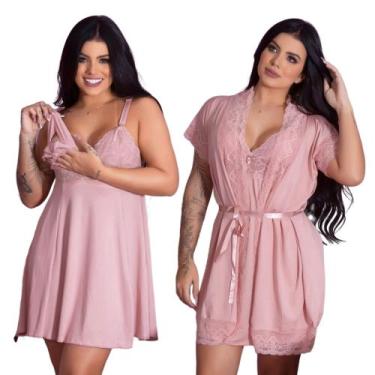Imagem de Kit  Robe Roupão e Camisola Amamentação Com Renda Vestido de Dormir Pa