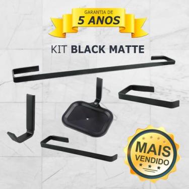 Imagem de Kit de Acessórios para Banheiro Quadrado 5 Peças PRETO FOSCO (Com Sabo