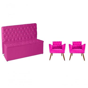 Imagem de Kit Quarto De Boneca Cabeceira De Cama E Calçadeira Baú E Poltronas Botão De Strass Suede Pink