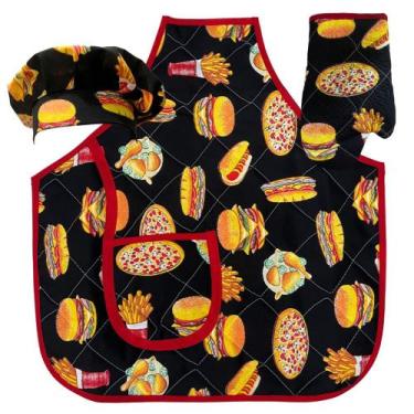 Imagem de Kit Avental Infantil com Touca e Luva Menino 3 Pçs Hamburguer - Recant