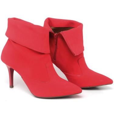 Imagem de Bota Cano Curto Dobrado Salto Fino Médio em Couro Vermelho - Ellas Onl