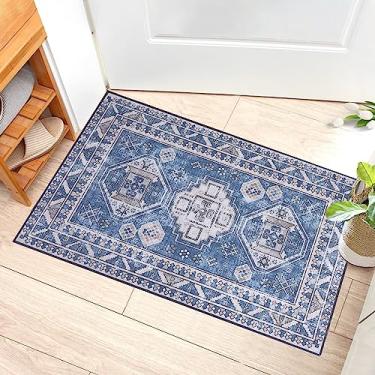 Imagem de COZYLOOM Tapete vintage, 6,5 x 7,5 cm, azul persa, floral, envelhecido, tapete de porta frontal tribal vintage, lavável à máquina, para sala de estar interna, quarto, entrada 6 x 9 cm