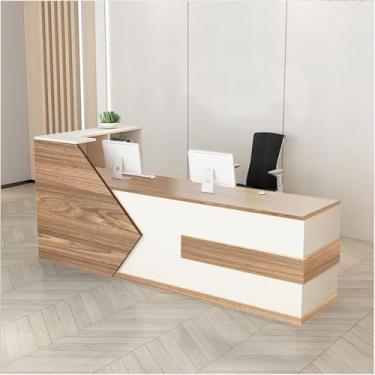 Imagem de Mesa de recepção de madeira moderna com balcão e gaveta com trava, recepção de salão L-Shap, balcão de entrada, balcão de recepção, balcão de recepção fácil de montar, carvalho branco, 78.