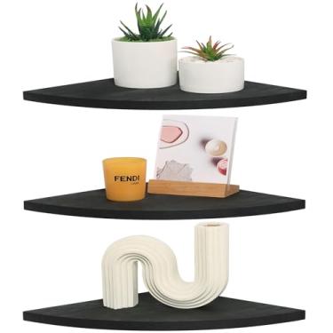 Imagem de DUICIRX Prateleiras de parede de canto, prateleiras flutuantes de canto de madeira com pista de cabo, exibição de armazenamento de parede para acessórios de TV, monitor, alto-falante, caixa de cabo,