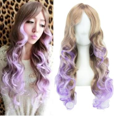 Imagem de IMISSU Peruca longa de cabelo natural cosplay com franja colorida fantasia de Halloween perucas de festa para mulheres (Marrom Rosa)