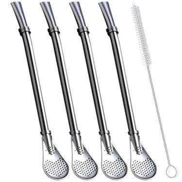 Imagem de Canudos de erva-mate Bombilla, 4 peças, reutilizáveis, chá, café, coquetel, aço inoxidável, dobrado, fluxo suave, filtro de agitação com escova de limpeza da Beruth (prata)
