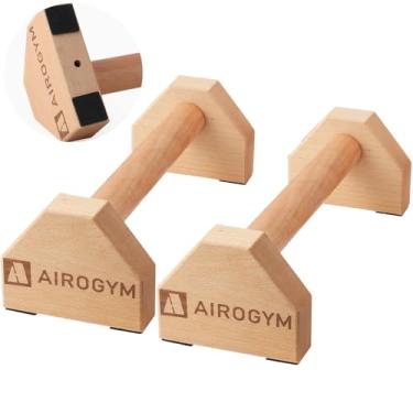 Imagem de Suporte de elevação da airogym, 2 peças de barras de elevação de madeira, base antiderrapante, equipamento de treino em casa, parallettes de madeira de 30,48 cm para treino de força masculino, tábuas, calistenia fitness muscular