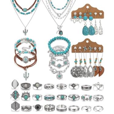 Imagem de IFKM Conjunto de joias boêmias com colar turquesa, brincos pendentes, pulseiras empilháveis, anéis de articulação para mulheres vintage western boho turquesa aniversário aniversário amizade presente,