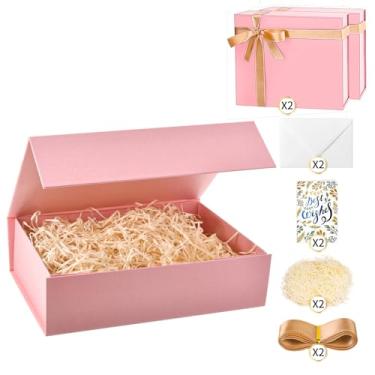 Imagem de souloduce Linda e resistente caixa de presente rosa grande medindo 30 x 21 x 8,2 cm para presentes de aniversário - caixa inclui cartões, envelopes, fita e enchimento de papel desfiado (conjunto de 2)