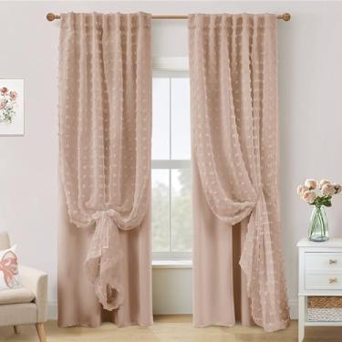 Imagem de Cortinas rosa rosa pêssego neutro para bebês meninas, blecaute adornado floral bordado transparente boho nude rosa empoeirado para quarto, 2 painéis de 213 cm de comprimento