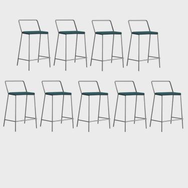 Imagem de Kit 09 Banqueta Alta Com Encosto Mili Industrial Cozinha Bistrô Ferro Prata Sintético Azul Turquesa - Ahz Móveis