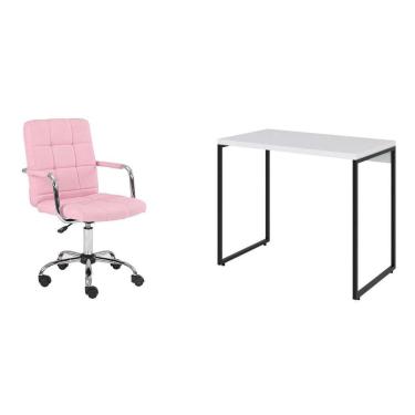 Imagem de Conjunto de Mesa Studio Branca e Preta com Cadeira de Escritório Secretária Giratória Fitz Rosa