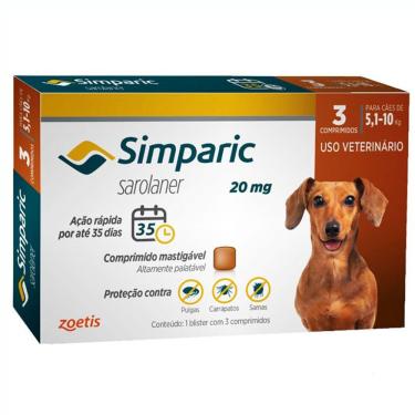 Imagem de Simparic Antipulgas e Carrapatos Cães 5,1 a 10kg c/3 Comprimidos Zoetis