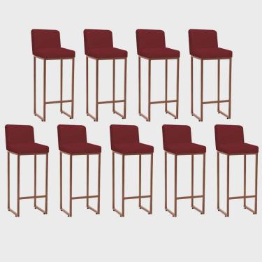Imagem de Kit 09 Banqueta Alta Com Encosto Lucca -60cm chão até o assento Industrial Ferro Bronze Corino Vermelho - Ahz Móveis