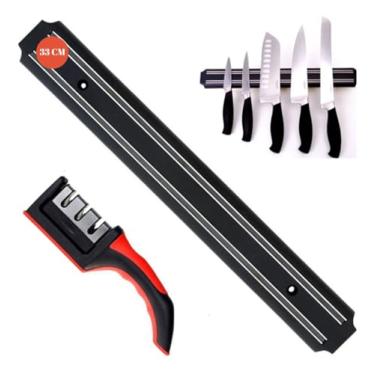 Imagem de Barra 33cm Magnética Mais Amolador de Faca Organizadora Imã Multiuso para Facas de Cozinha Ferramentas e Chaves Organizador de Churrasqueira Cozinha e Ferramentas Fixador de Parede Com Forte Imã