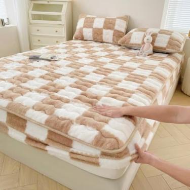 Imagem de Lençol ajustável para colchão flanela de luxo capa protetora de colchão antiderrapante capa ultra macia aos quadrados anti-pó roupa de cama impermeável confortável - caqui, solteiro 35 x 79 polegadas