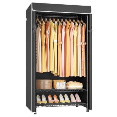 Imagem de ULIFHOME H5C Arara de roupas com capa, armário portátil para pendurar roupas, prateleiras cobertas resistentes, suportes de roupas independentes com prateleiras, carga máxima, rack de armário preto de
