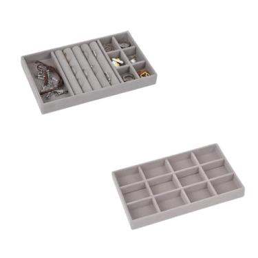Imagem de Porta Jóias de Veludo para Closet Gavetas Bandeja Organizador de Bijuterias Anel Brinco Relógio Pulseira e Colares (KIT BANDEJA 1 E 4 (2 UN- CINZA)