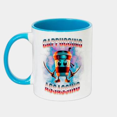 Imagem de Caneca Branca com Alça e Interna Azul de Porcelana 325ml - Cappuccino Assassino Brainrot Italian Meme T Shirt