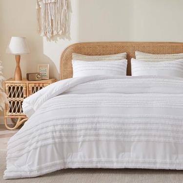 Imagem de BEDELITE Conjunto de edredom boêmio King Size - Conjunto de cama listrado branco tufado com 3 peças, edredom vintage macio para todas as estações, decoração de casa boho, roupa de cama jacquard fofo