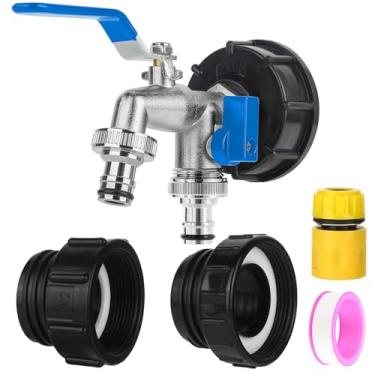 Imagem de Adaptador tote IBC de 275-330 galões com alça azul, roscas de 3 tamanhos (6,2 cm, 5.1 cm fino, 5.1 cm grosseiro), entrada NPT de 1,27 cm × torneira de mangueira de saída dupla GHT de 1,27 cm