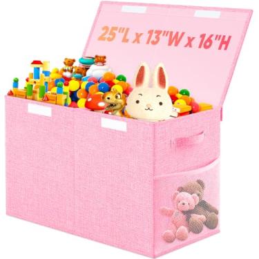 Imagem de Caixa de brinquedos grande, caixas organizadoras dobráveis com tampas, caixas de brinquedo resistentes para crianças, meninos, meninas, berçário, sala de jogos, sala de estar, quarto, 63,5 x 33 x 40,6