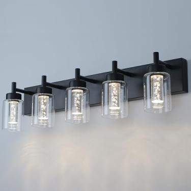 Imagem de VINLUZ Luminárias De Banheiro Com 5 Luzes Led, Acabamento Em Metal Preto, Iluminação Sobre Espelho, Parede Interna Lâmpada Cristal E Cúpula Vidro Transparente (Lâmpadas Led Incluídas)
