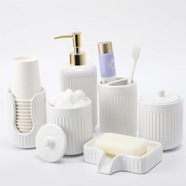 Imagem de BSSN Conjunto De 6 Acessórios Cerâmica Para Banheiro, Branco, Dispensador Sabonete, Porta-Escovas Dente, Porta-Copos, Organizador Bancada Com 2 Cotonetes, Acessório (Branco, Pente B)