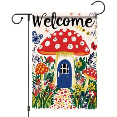 Imagem de Starlit Patio Bandeira de jardim de casa de cogumelo 30,5 x 45,7 cm Banner de boas-vindas estilo conto de fadas peculiar decoração externa dupla face para varanda gramado pátio primavera verão