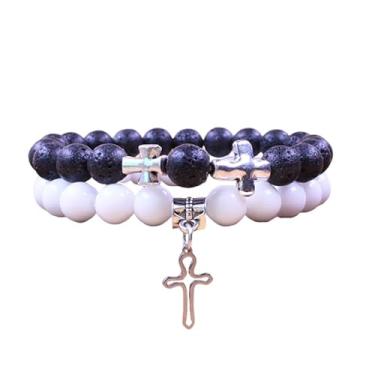 Imagem de Conjunto de 2 peças de pulseiras de pedra vulcânica fosca com contas de pedra vulcânica para mulheres e homens, pedra de porcelana preta e branca, 8 mm, feito à mão, howlita vulcânica, contas