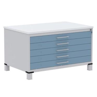 Imagem de Mapoteca 5 Gavetas Pandin 120cm (larg) Tampo Mdp Branco Estrutura Aço Cinza Gaveta Azul Dali